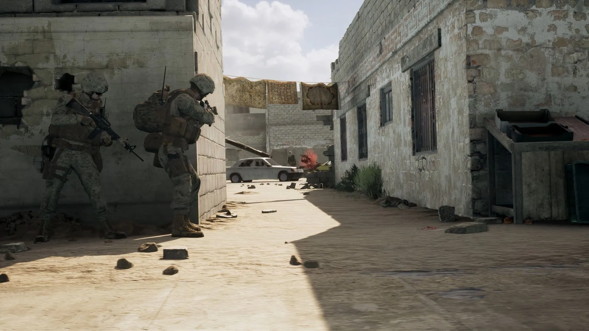 Cảnh đô thị trong Squad với lính triển khai tại khu dân cư