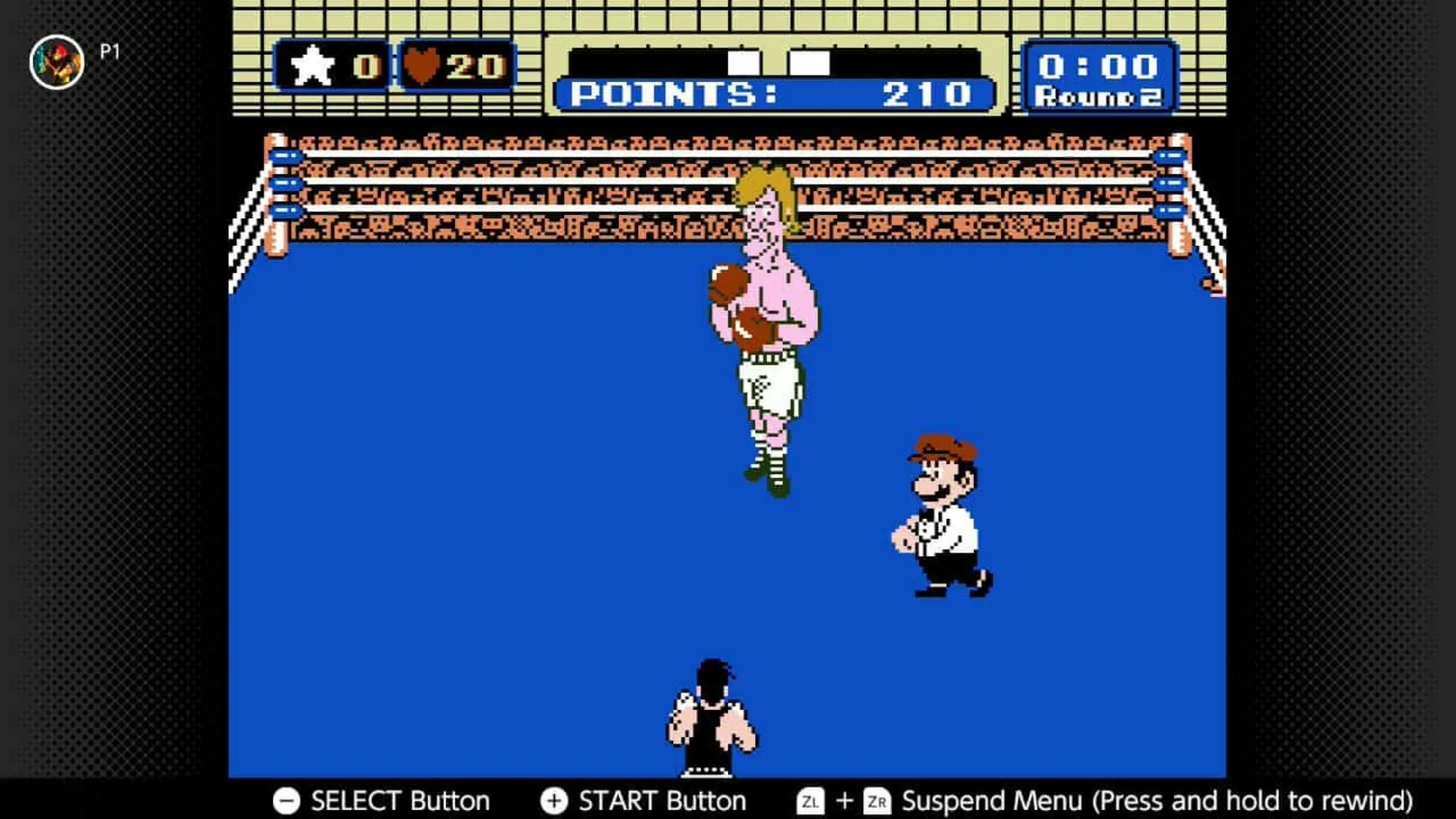 Cảnh đối đầu trong Punch-Out!! phiên bản NES, trọng tâm vào góc nhìn ring và biểu cảm đối thủ