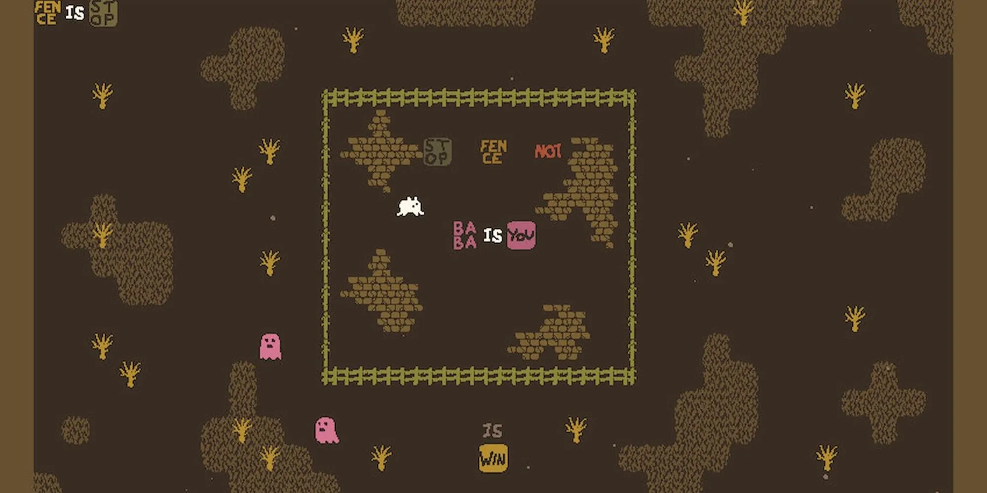 Cánh đồng hoang trong Baba Is You, biểu tượng cho các bản đồ biến đổi luật chơi