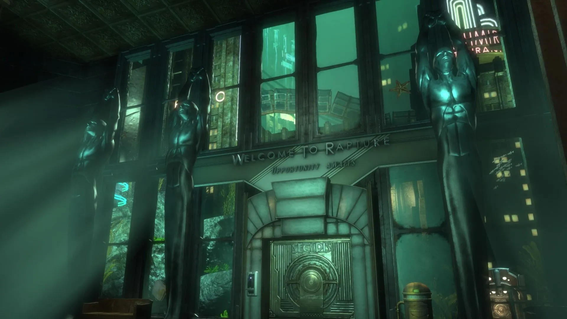 Cảnh dưới nước của thành phố Rapture, biểu tượng cho quyền lực bí ẩn trong BioShock