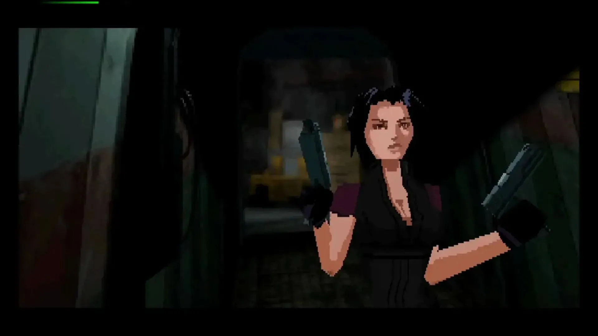 Cảnh game Fear Effect với phong cách đồ họa cel-shaded và không khí căng thẳng