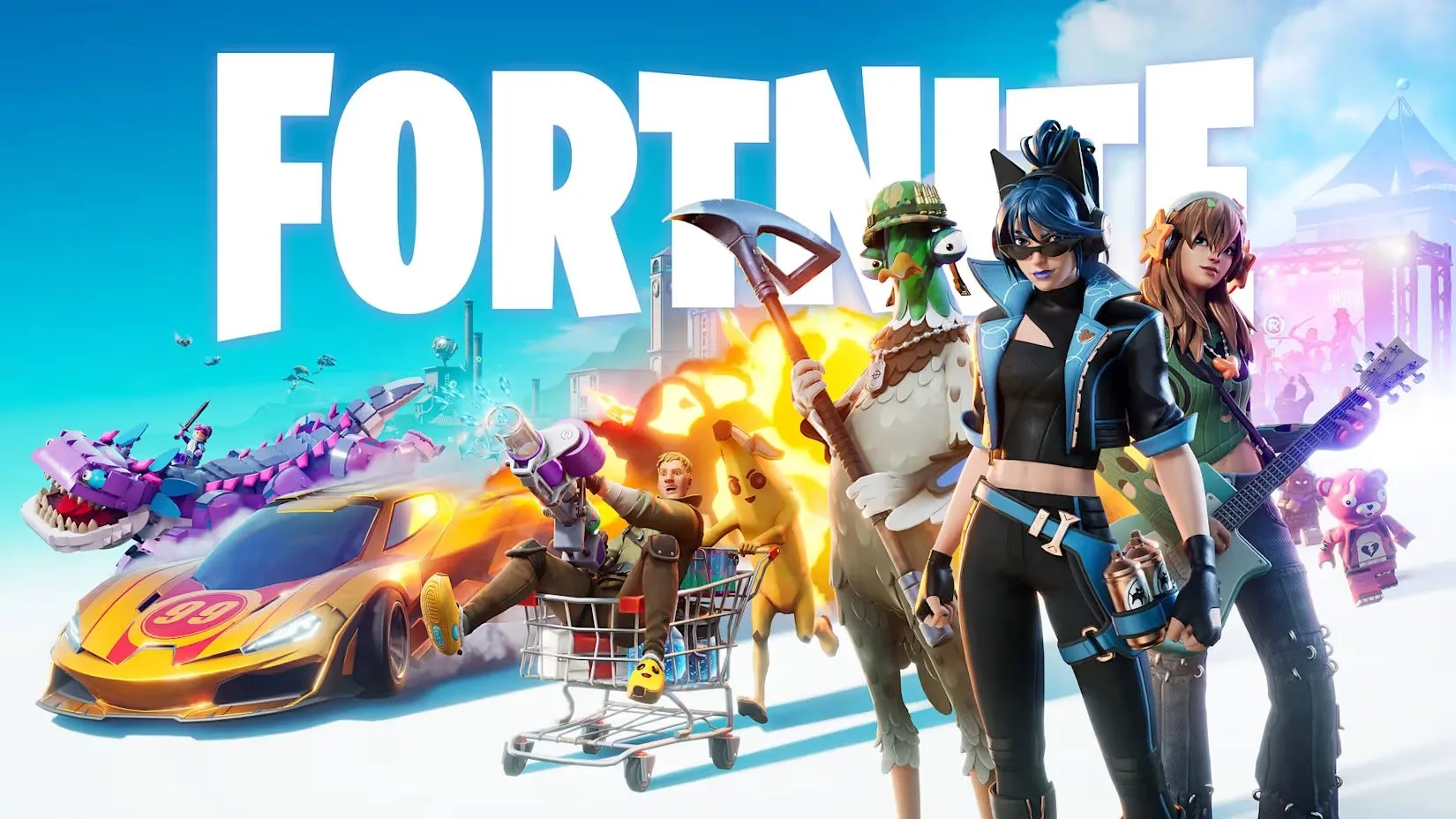 Cảnh gameplay Fortnite Delulu với người chơi giao tiếp gần nhau