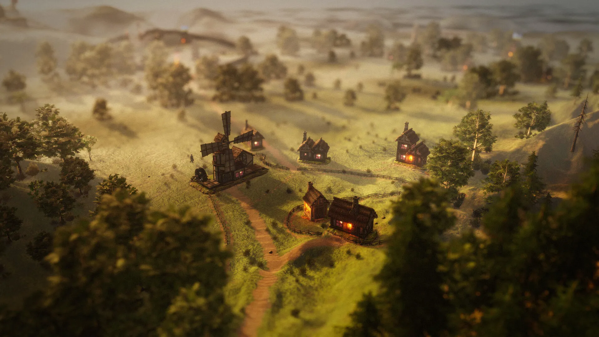 Cảnh gameplay Masters of Albion thể hiện khái niệm god game và không gian Albion