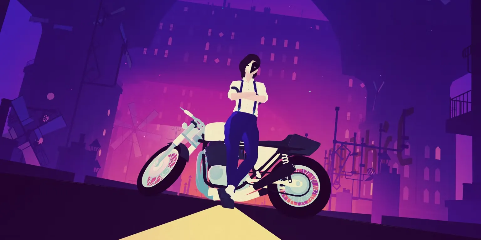 Cảnh gameplay Sayonara Wild Hearts với tông màu neon, mô tả pha truy đuổi bằng xe máy và hệ thống điểm số