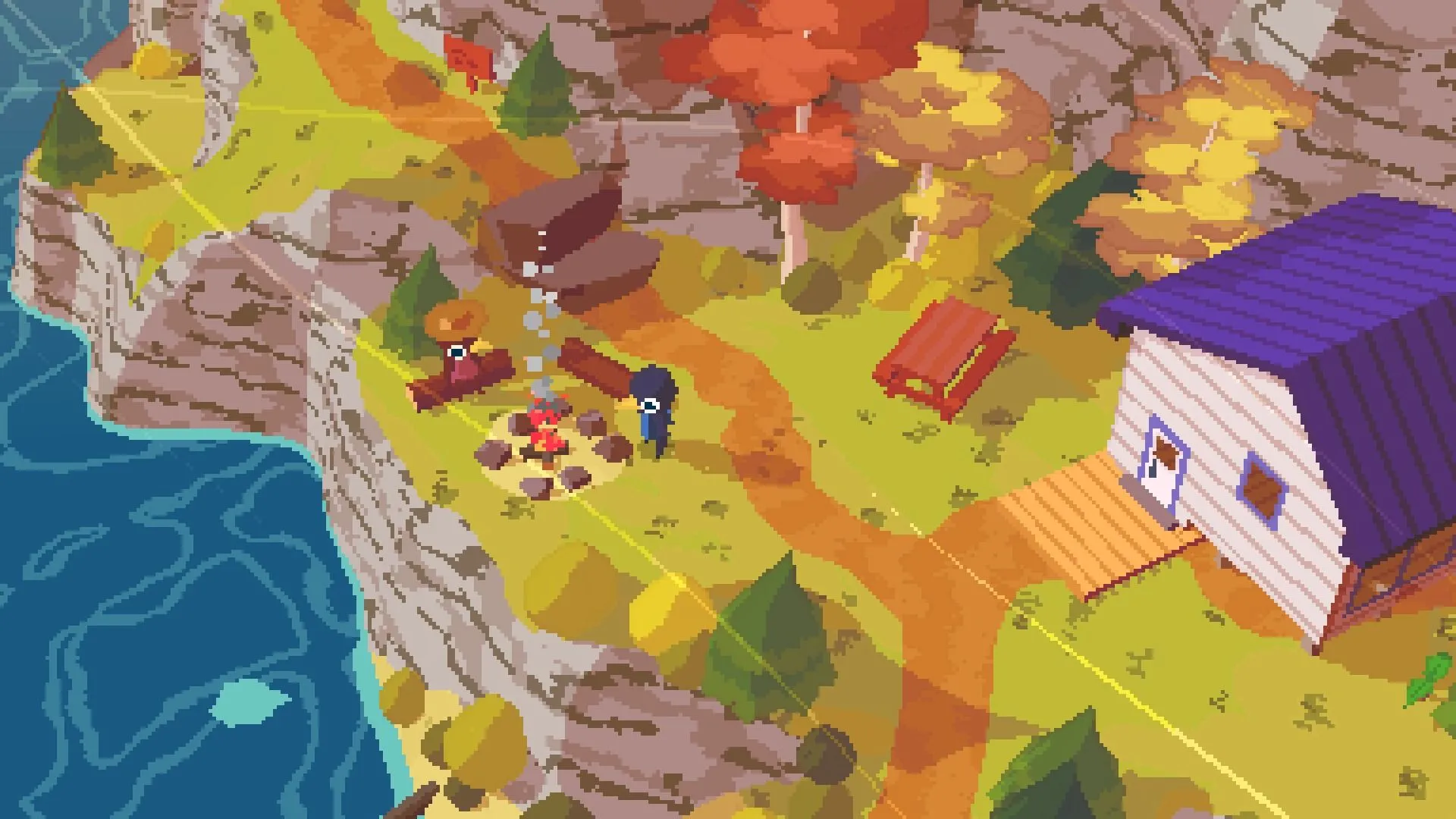 Cảnh gliding trong A Short Hike với pixel art ấm áp