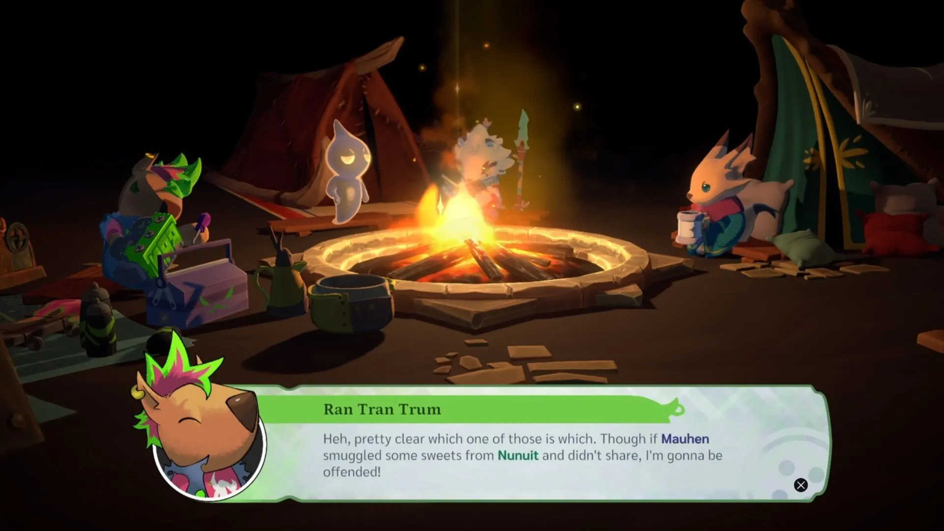 Cảnh hội thoại quanh lửa trại thể hiện hệ thống quan hệ và đối thoại nhiều trong game