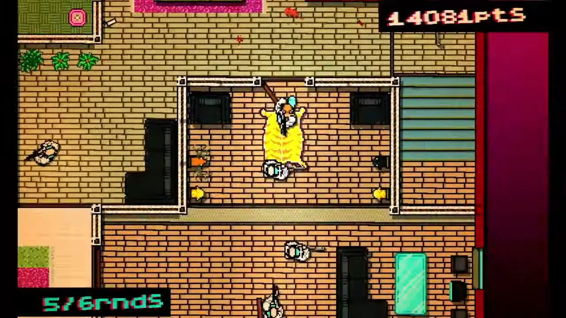 Cảnh một màn chơi Hotline Miami với tông màu neon và hành động dồn dập