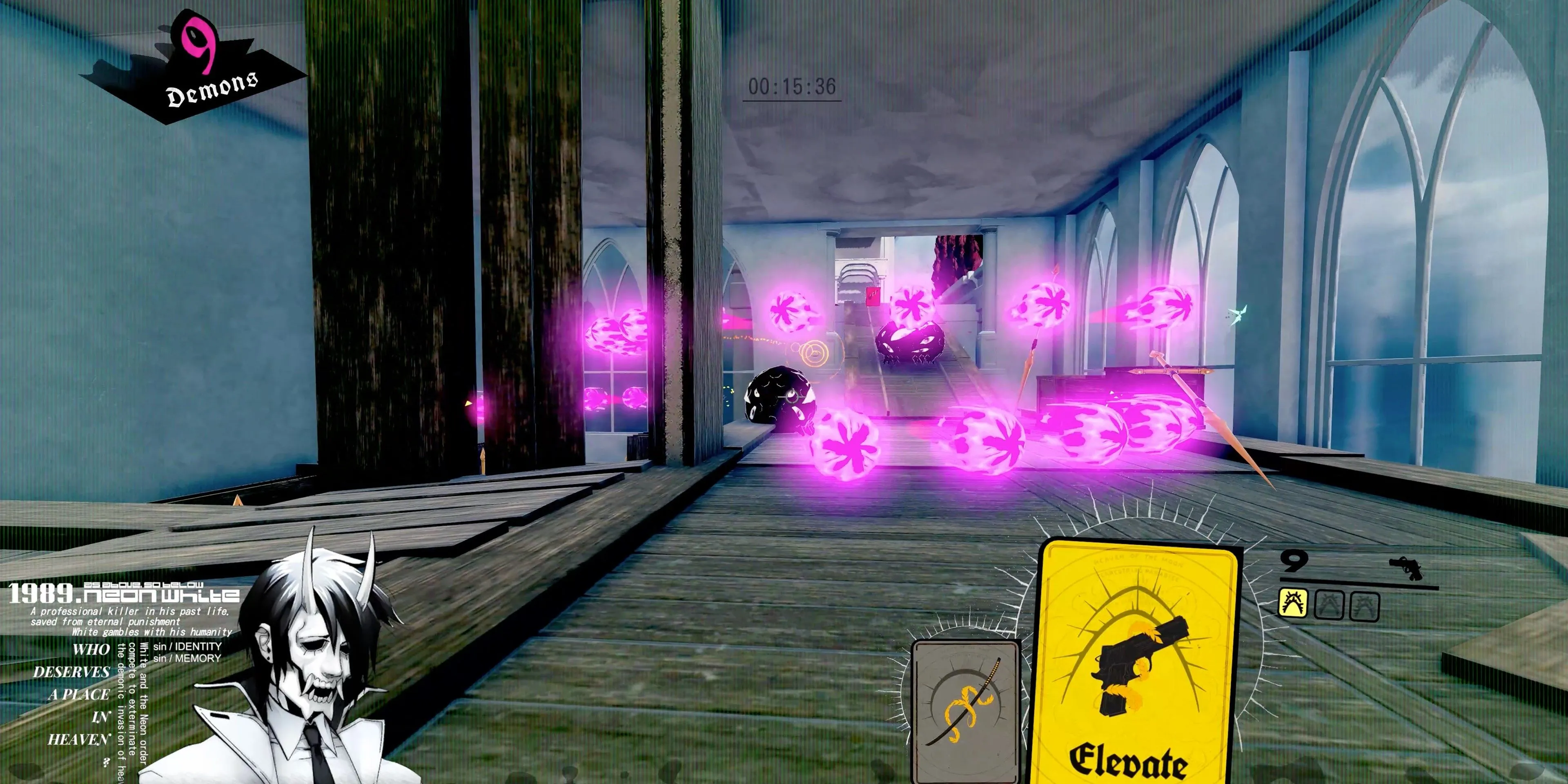 Cảnh né đạn và di chuyển tốc độ trong Neon White