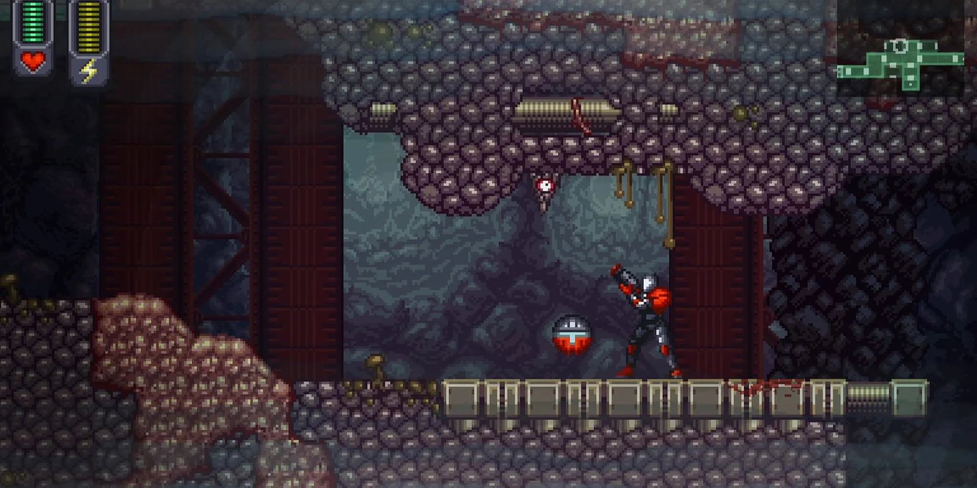 Cảnh nhắm bắn quái treo trên trần trong A Robot Named Fight!