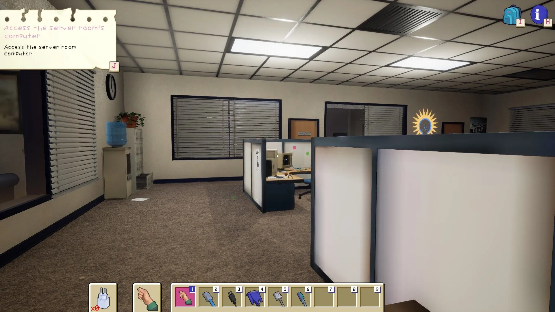 Cảnh nội thất văn phòng trong LAN Party Adventures với các màn hình ảo tương tác