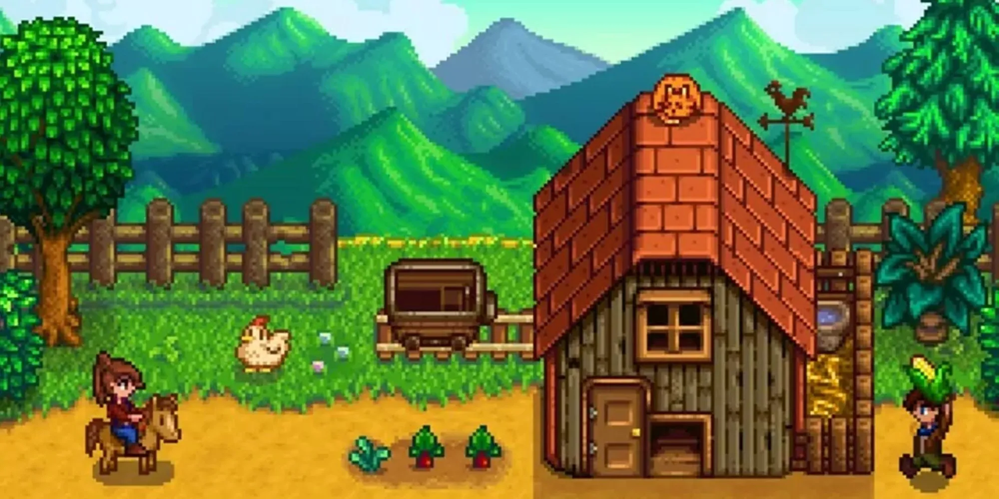 Cảnh nông trại trong Stardew Valley với đồ họa pixel ấm áp và mùa vụ lúa trĩu quả