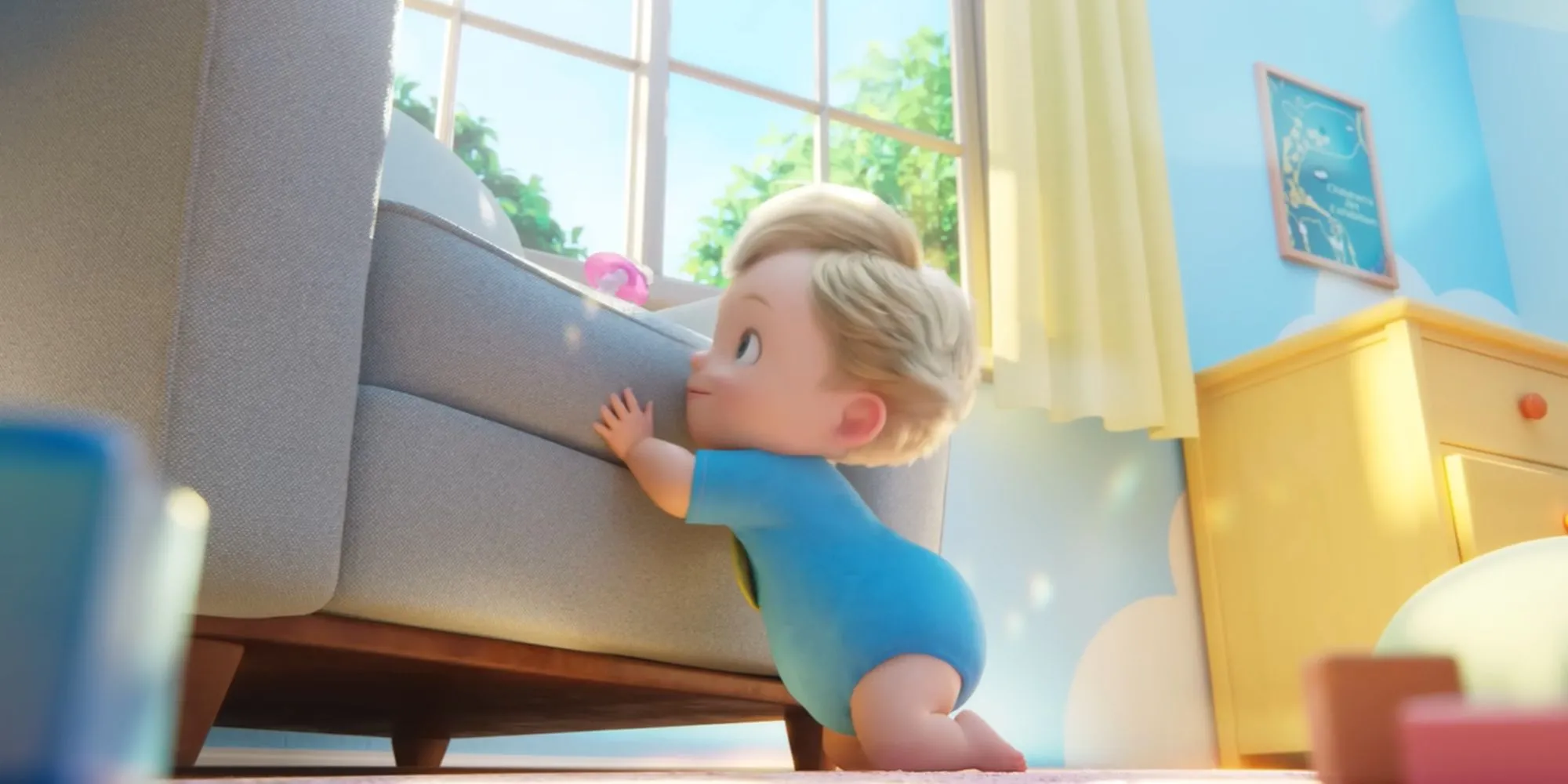 Cảnh phim hoạt hình ngắn của Nintendo: em bé và núm ti bị vật thể vô hình kéo đi, gợi ý Pikmin hoặc Rosalina