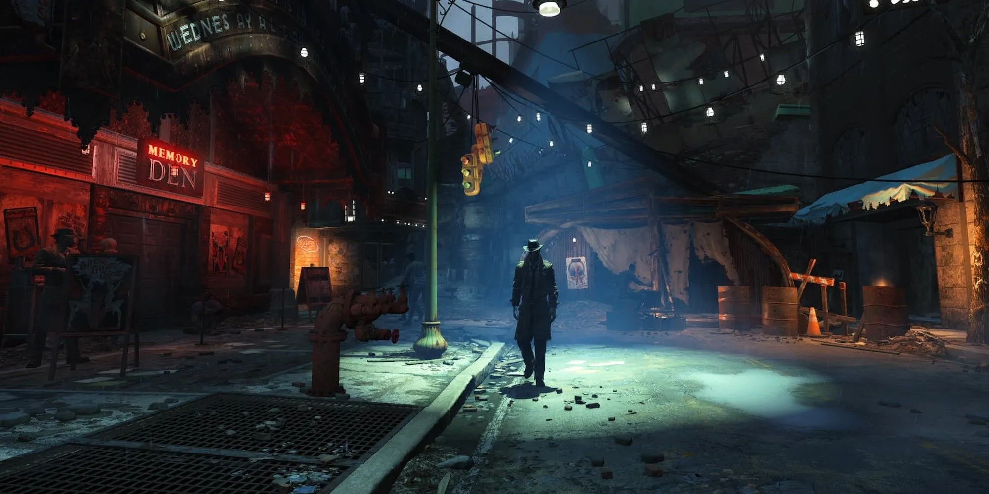 Cảnh phố tối trong Fallout 4 thể hiện không khí hoang tàn