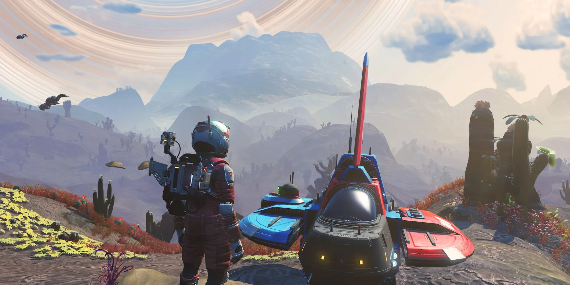 Cảnh quan hành tinh ngoại lai trong No Man's Sky, minh họa sức mạnh khám phá khi thay đổi giữa góc nhìn thứ nhất và thứ ba