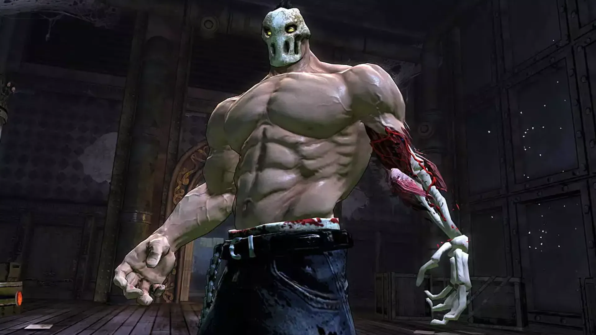 Cảnh Rick trong Splatterhouse với yếu tố kinh dị và gore