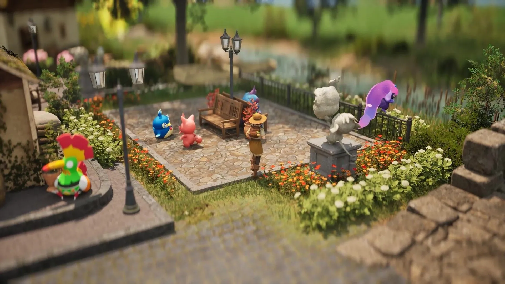 Cảnh thị trấn trong Palfarm thể hiện hệ thống xây dựng và tương tác NPC