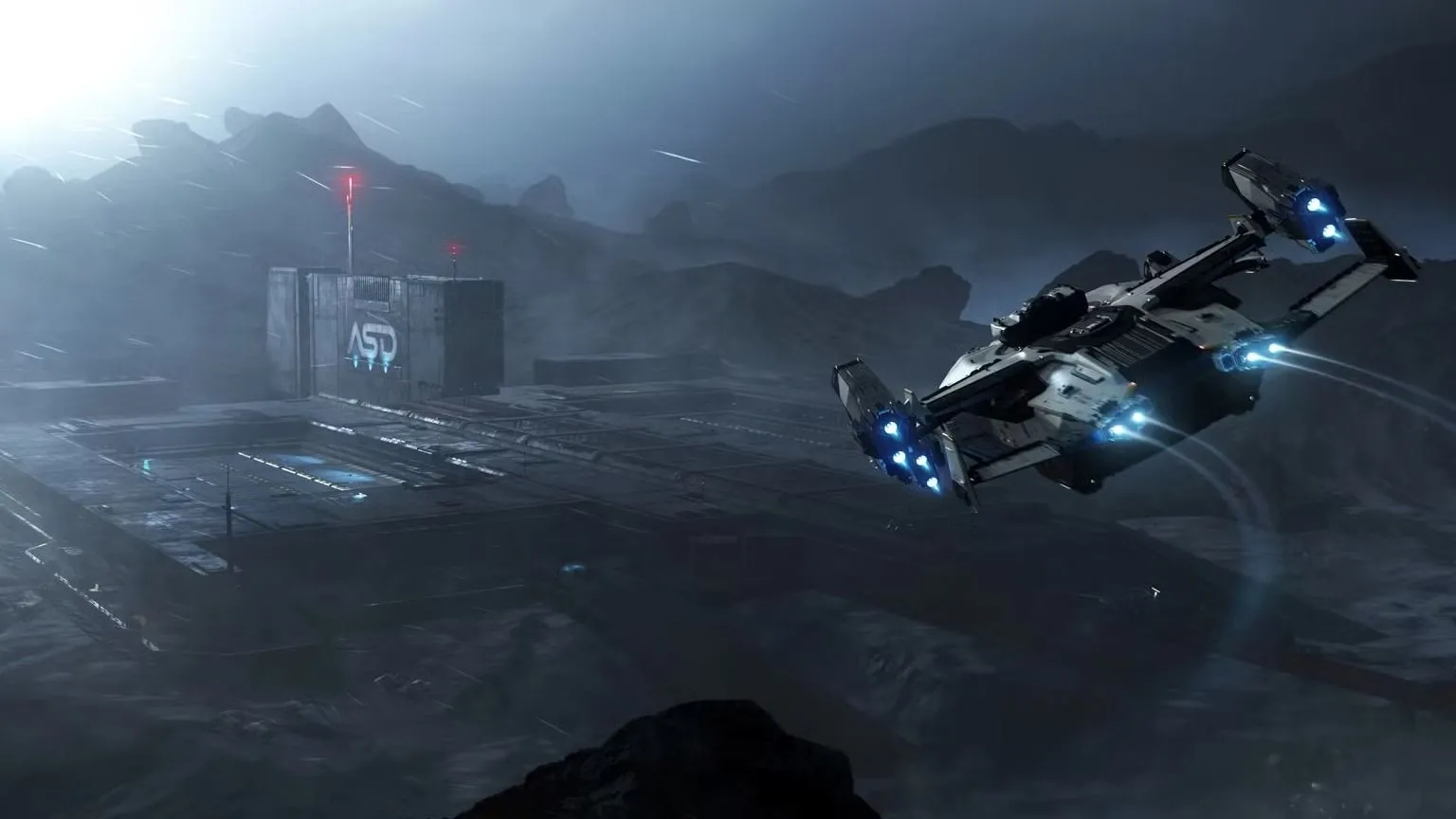 Cảnh tiếp cận căn cứ trong Star Citizen thể hiện chi tiết môi trường không gian
