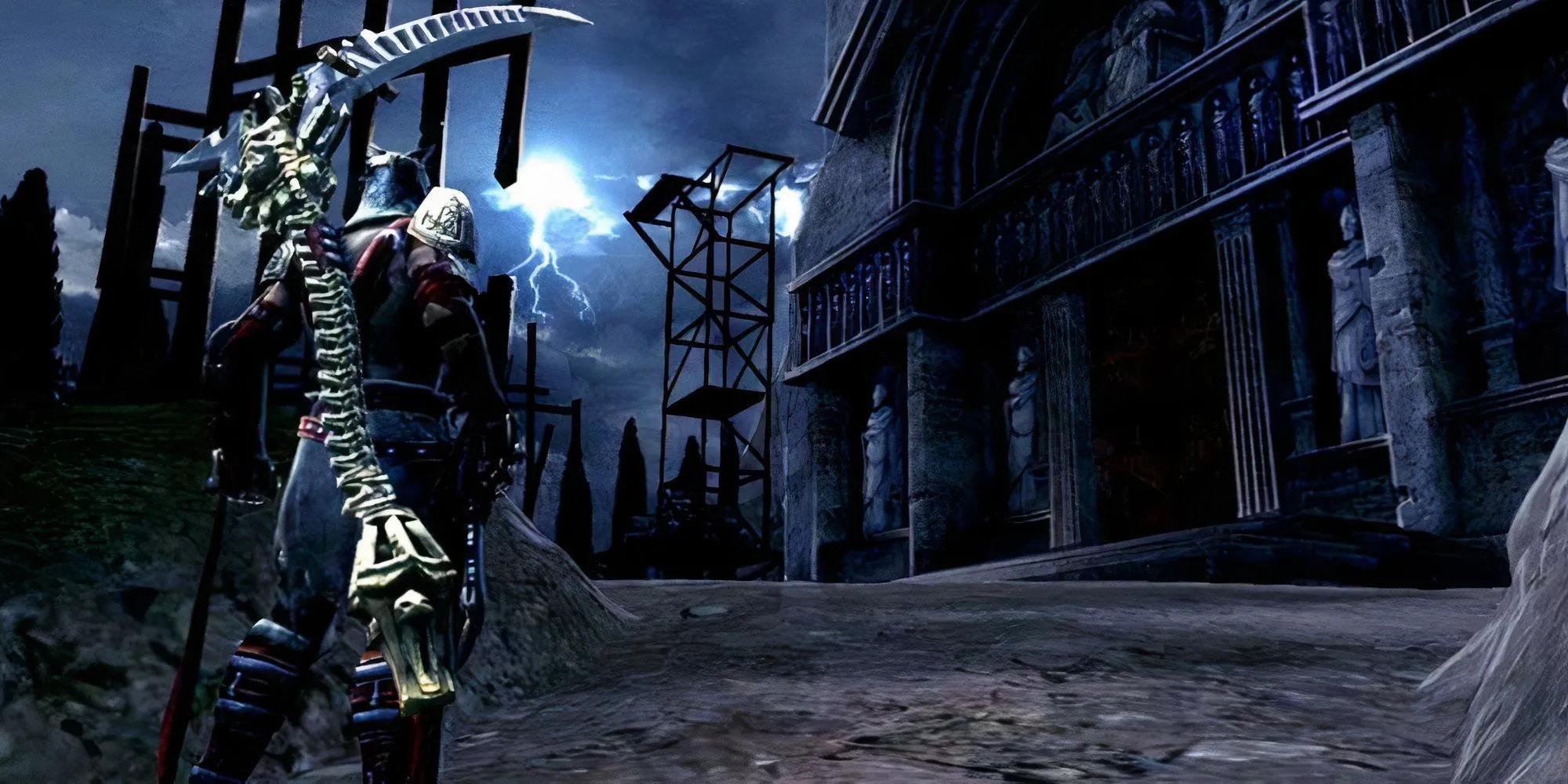 Cảnh trong Dante’s Inferno với mỹ thuật tối và cảnh quan địa ngục được cách điệu