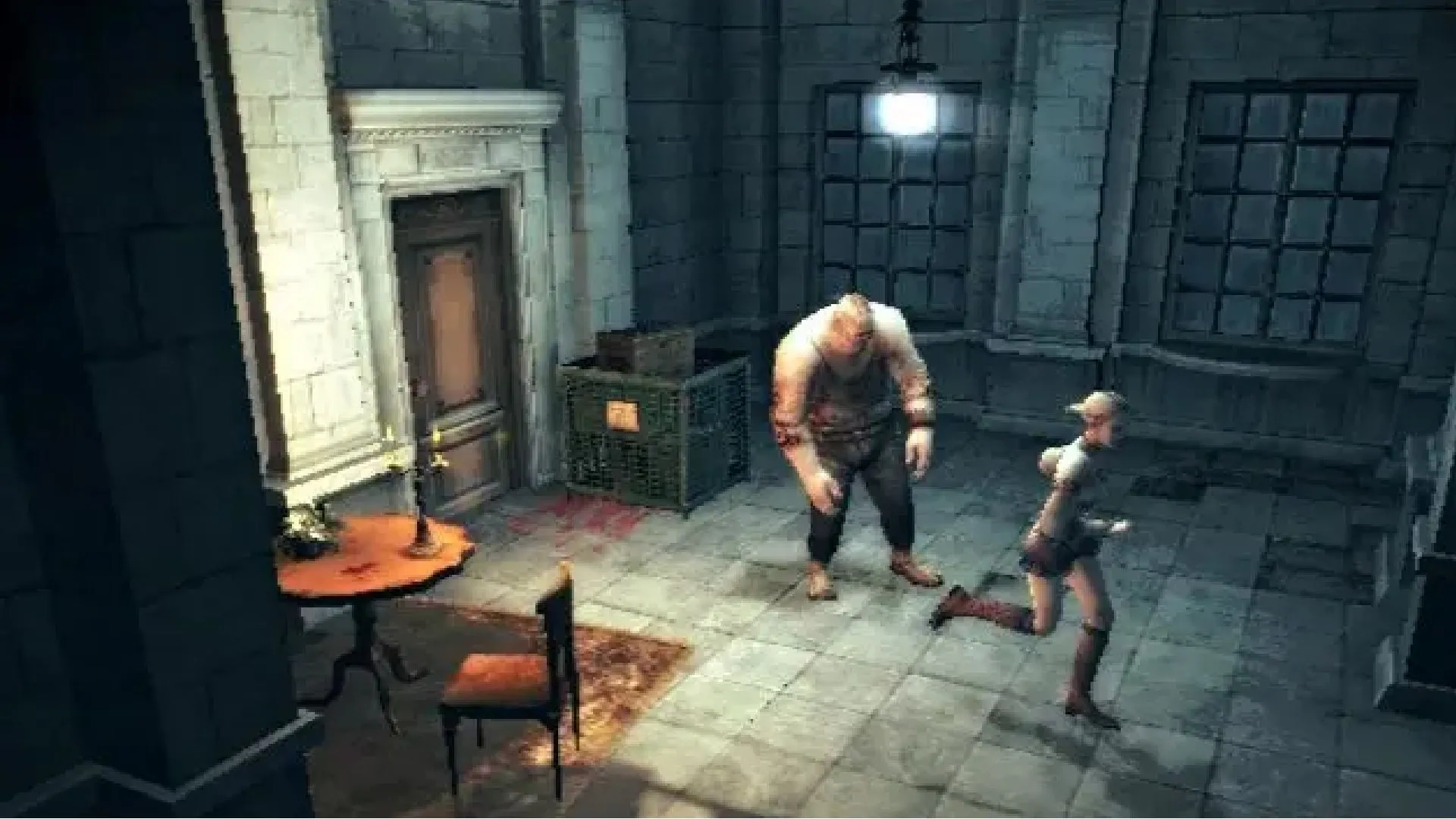 Cảnh trong Haunting Ground: nữ chính và Hewie giữa hành lang lâu đài