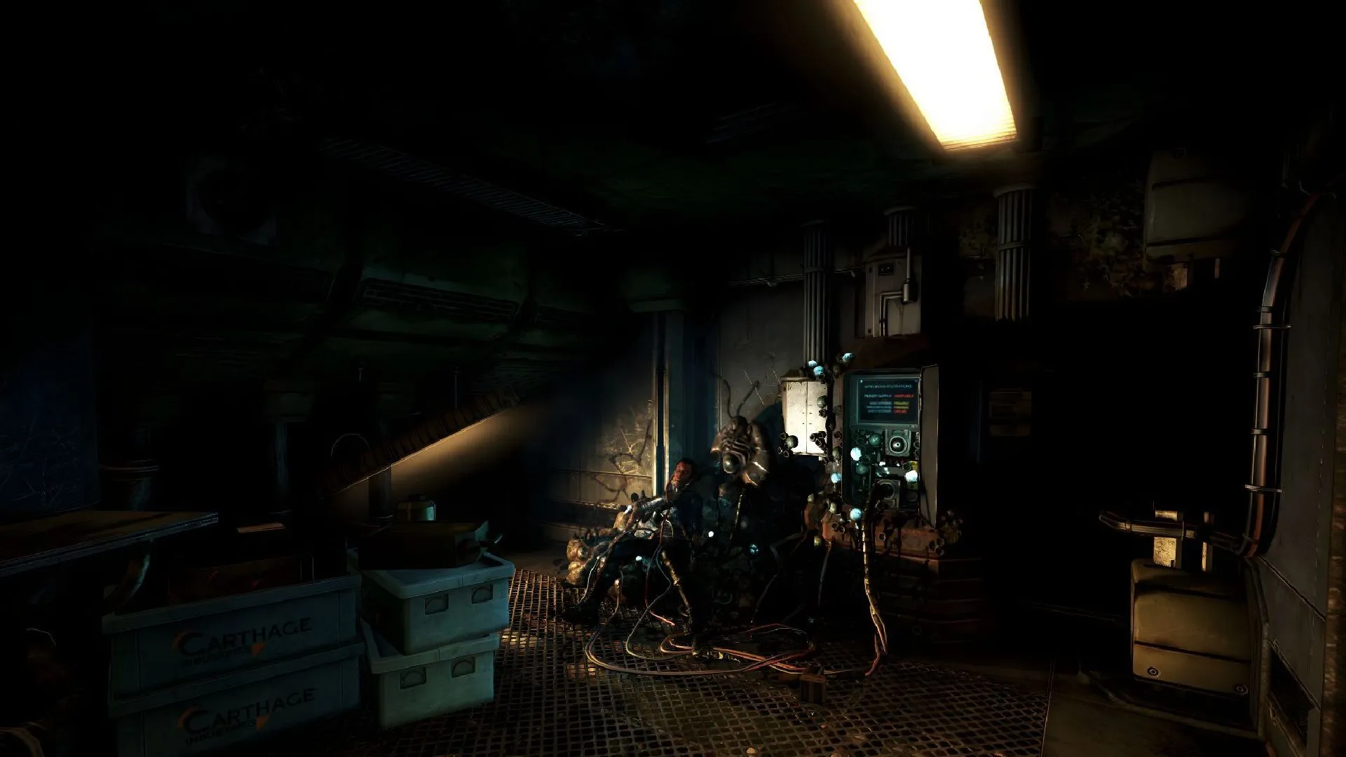 Cảnh trong SOMA với tông màu lạnh, nhấn mạnh cảm giác cô lập và yếu tố khoa học viễn tưởng