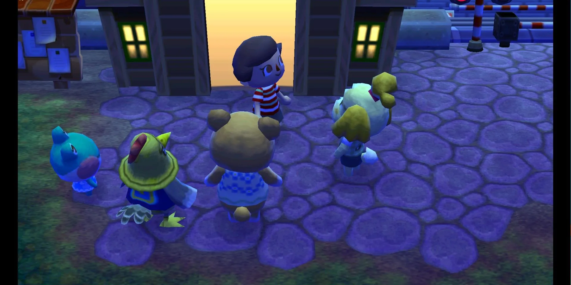 Cảnh vào thị trấn về đêm trong Animal Crossing: New Leaf trên 3DS