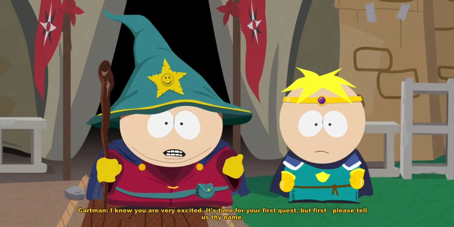 Cartman hỏi tên nhân vật trong South Park: The Stick of Truth, minh hoạ cách game tái hiện phong cách hài đen của series