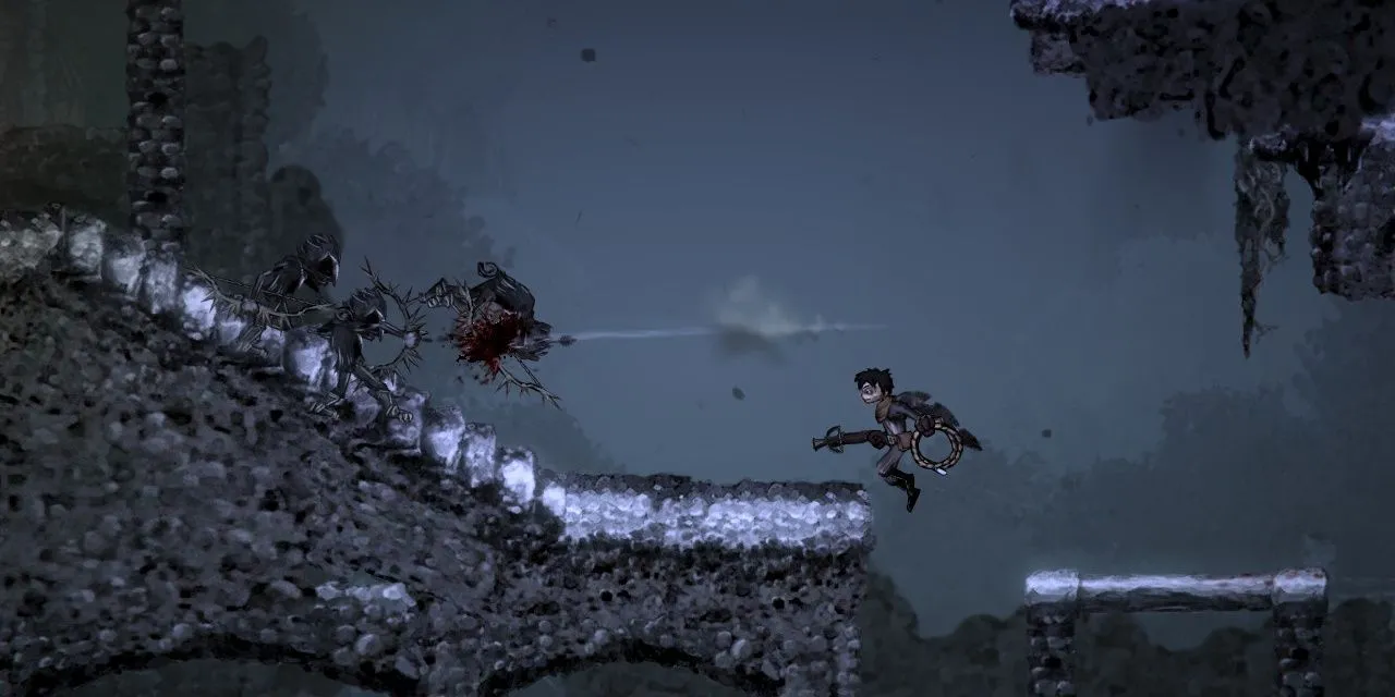 Chiến đấu bằng nỏ trong Salt and Sanctuary, cảnh quái vật Lovecraftian xuất hiện từ bóng tối