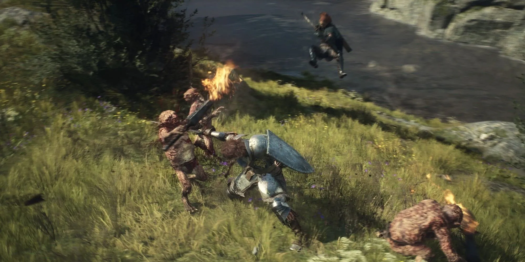 Chiến đấu bên bờ sông trong Dragon's Dogma 2 với đòn combo và kỹ năng phép