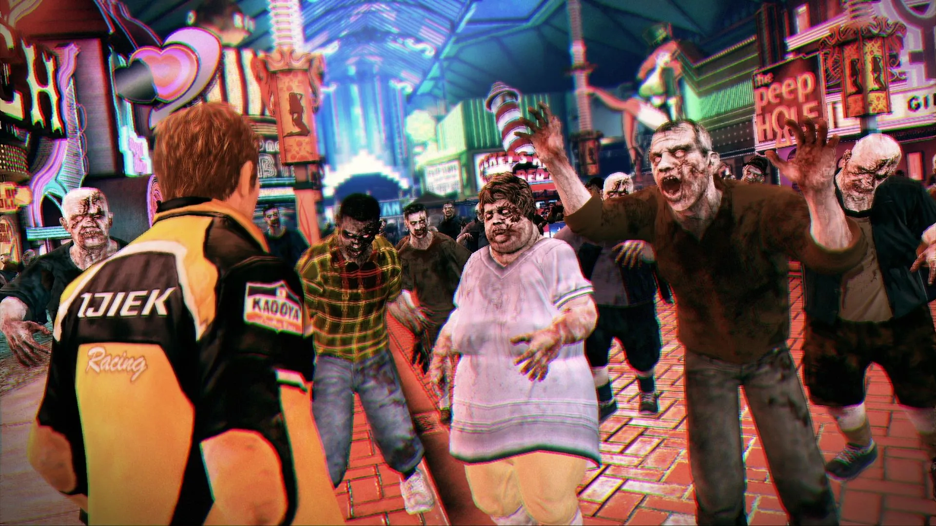 Chuck đối mặt nhiều zombie trong Dead Rising 2 — số lượng áp đảo dù từng cá thể yếu