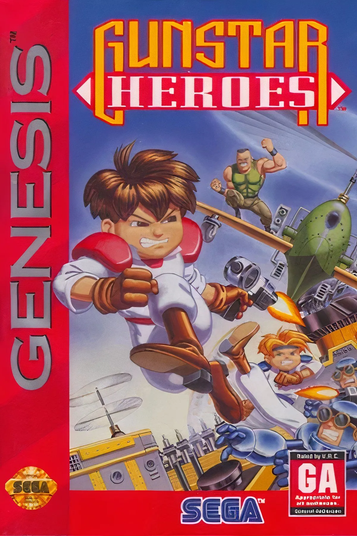 Collage các con boss và cảnh gameplay của Gunstar Heroes, nhấn mạnh Seven Force và Black Beat Stepper