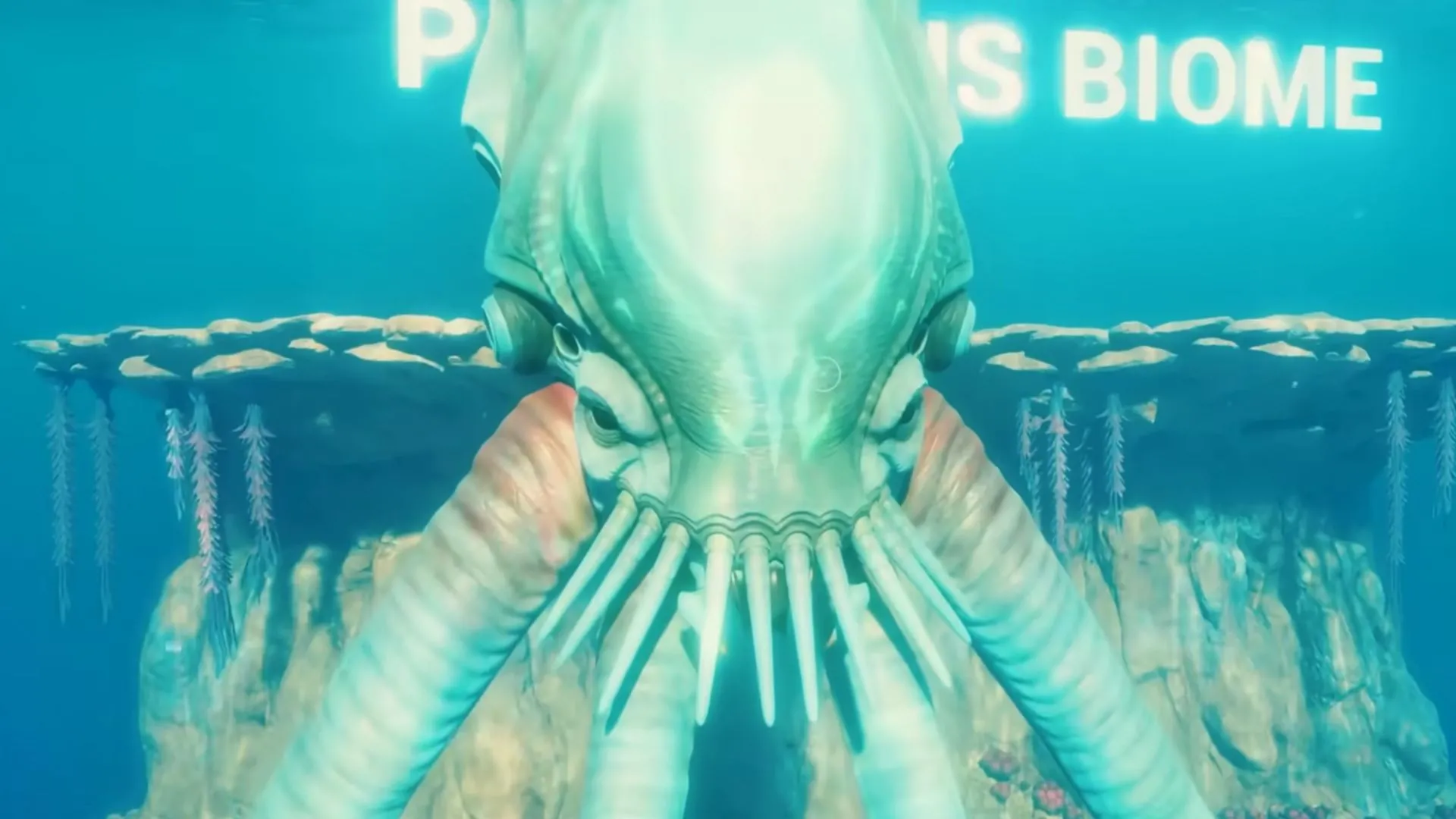 Collector Leviathan cầm người chơi giữa đại dương trong Subnautica 2, thể hiện kích thước và xúc tu săn mồi