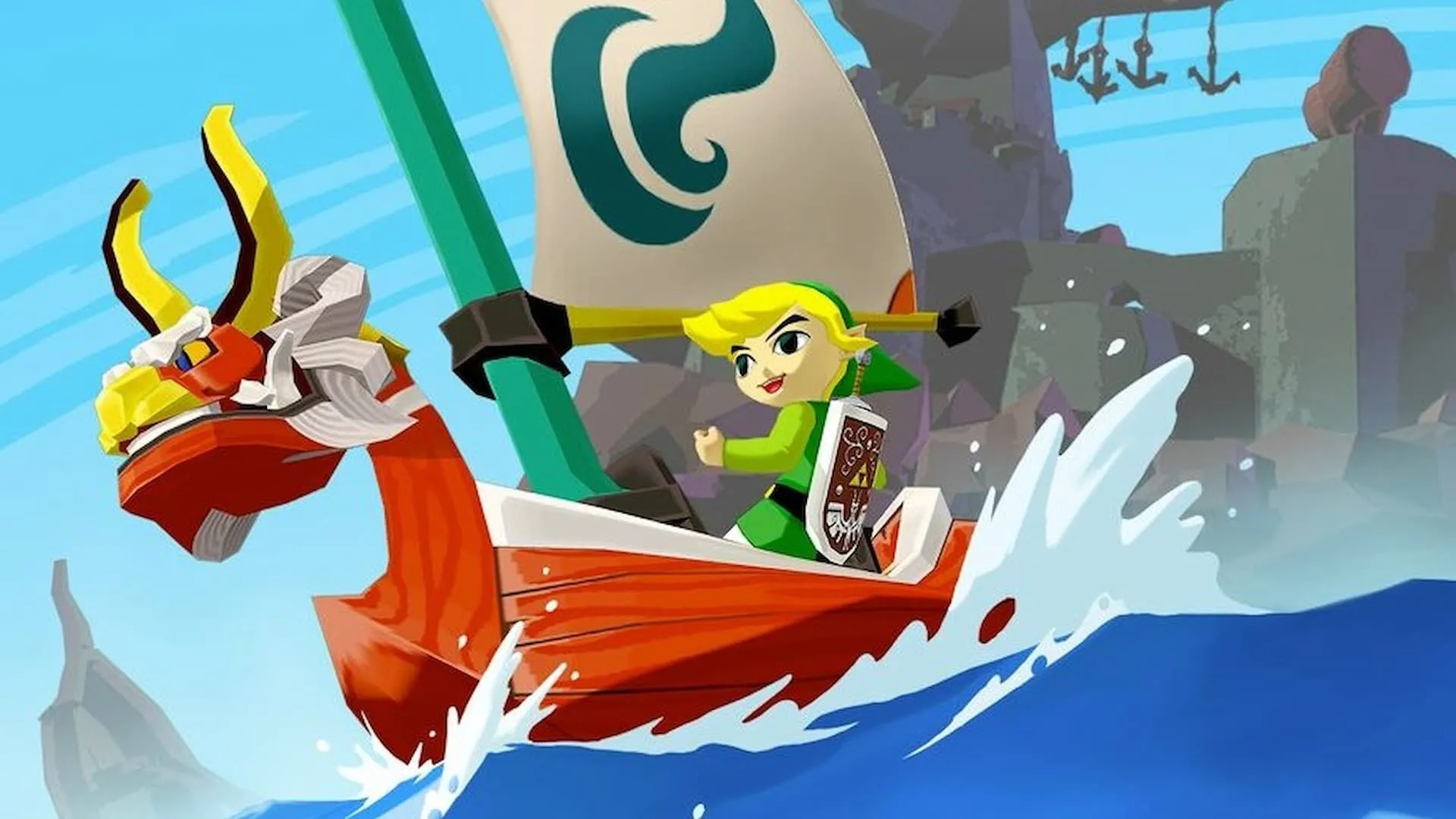 Con thuyền của Link trong The Wind Waker trên nền trời xanh; biểu tượng của hành trình khám phá đại dương trong Zelda