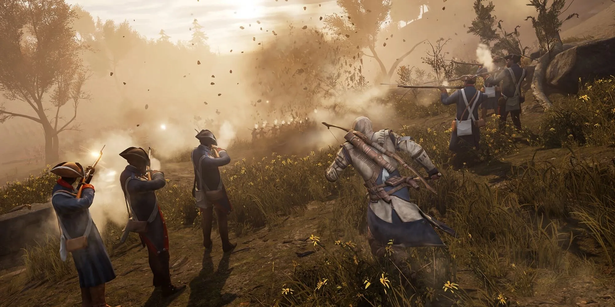 Connor Kenway chiến đấu giữa quân cách mạng trong Assassin's Creed III, minh họa bối cảnh lịch sử của trò chơi