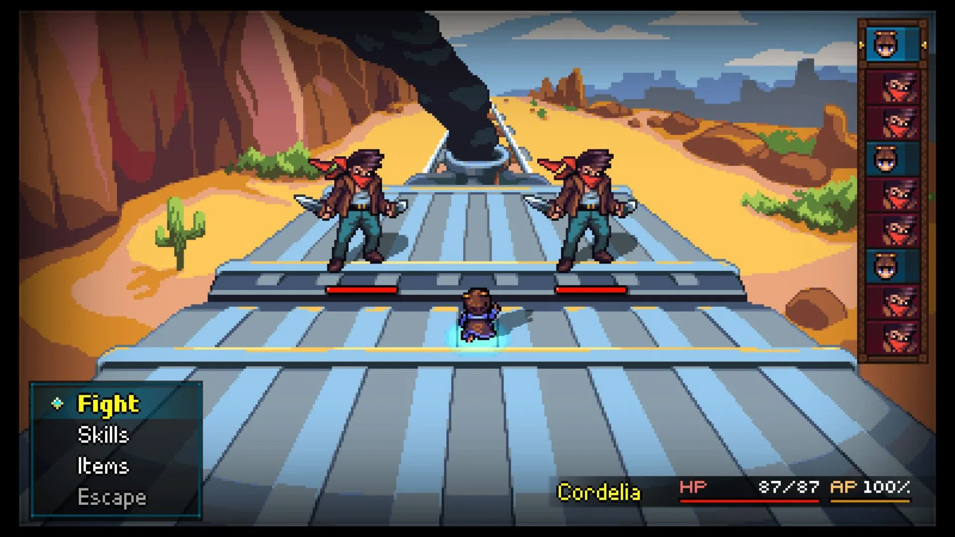 Cordelia battles bandits atop a train in Quartet.