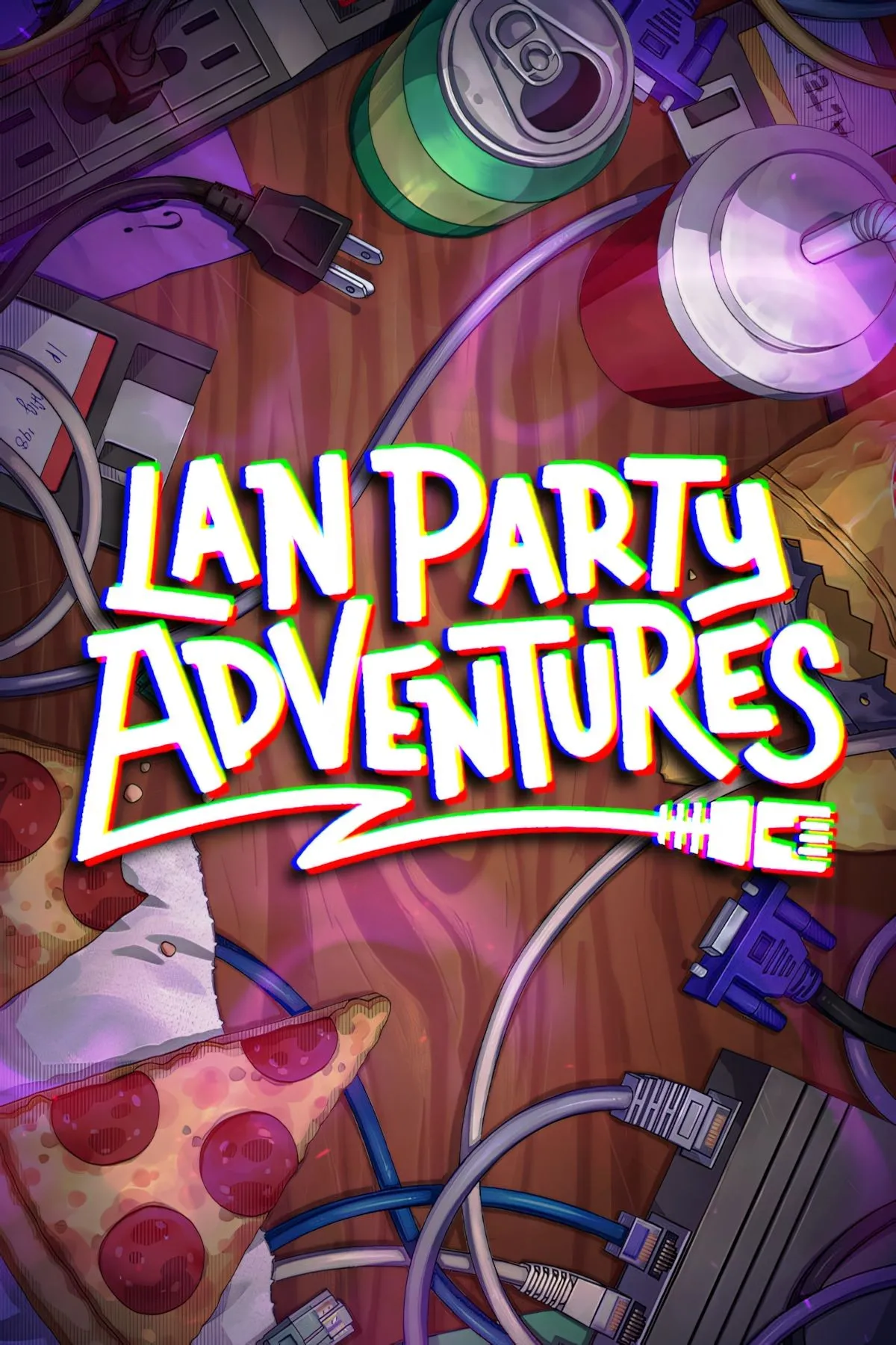 Cover art của LAN Party Adventures thể hiện tinh thần retro và hình tượng máy tính cổ