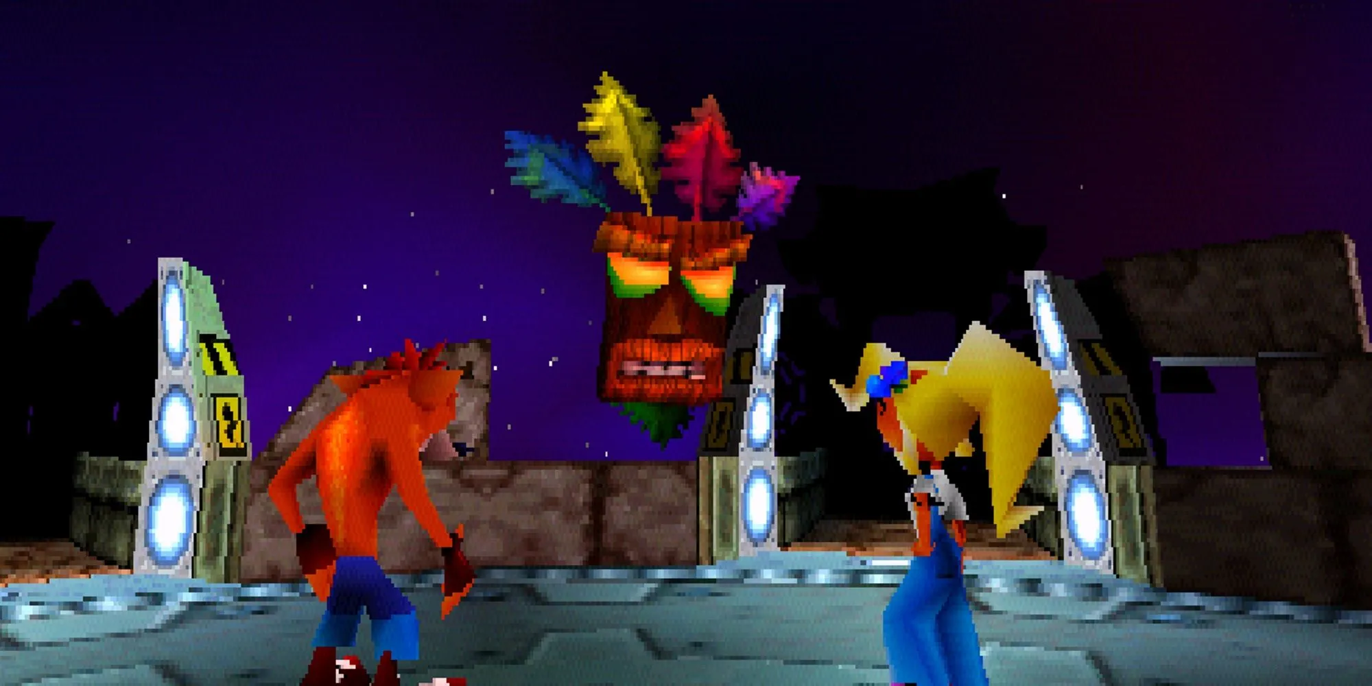 Crash và Coco trò chuyện với Aku Aku trong cảnh game PS1