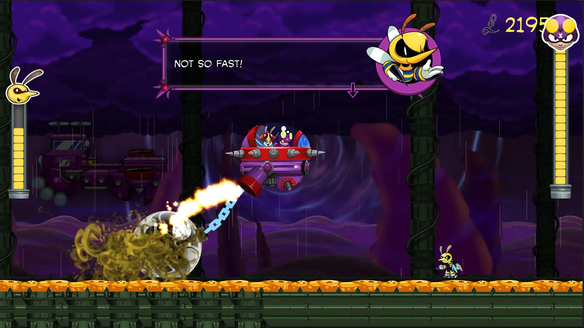 Crow trong Nefarious trên nền platformer, cảnh đảo ngược trận boss