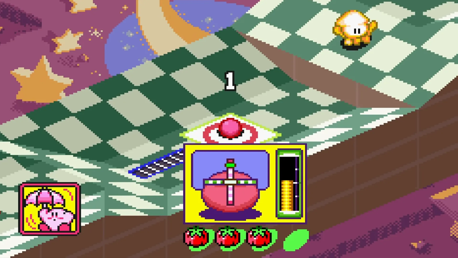 Cú bắn Kirby và bản đồ stage trong Kirby’s Dream Course trên SNES