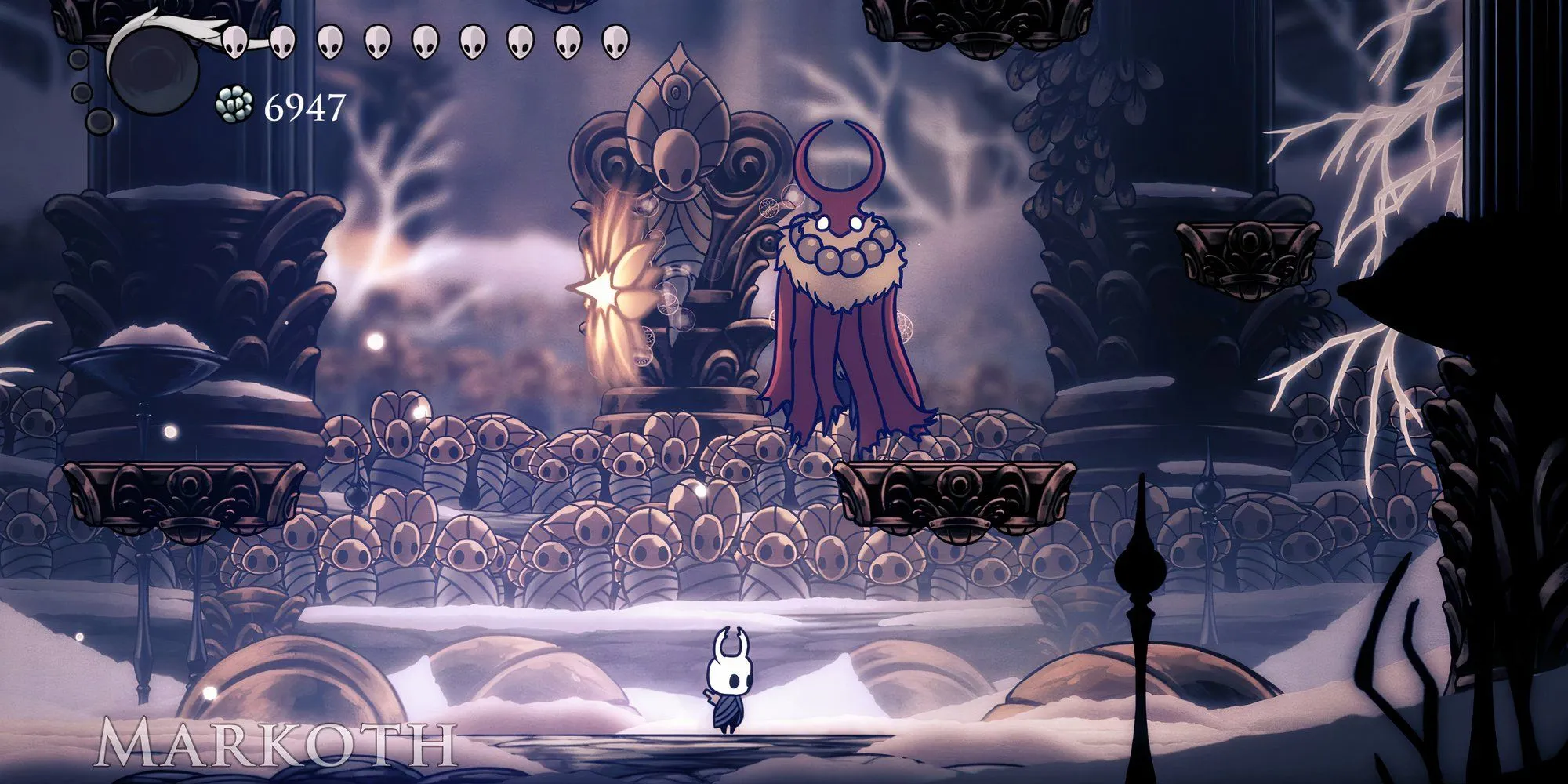 Cuộc chiến với Markoth trong Hollow Knight tại Godhome, minh họa hệ thống boss phong phú và bestiary