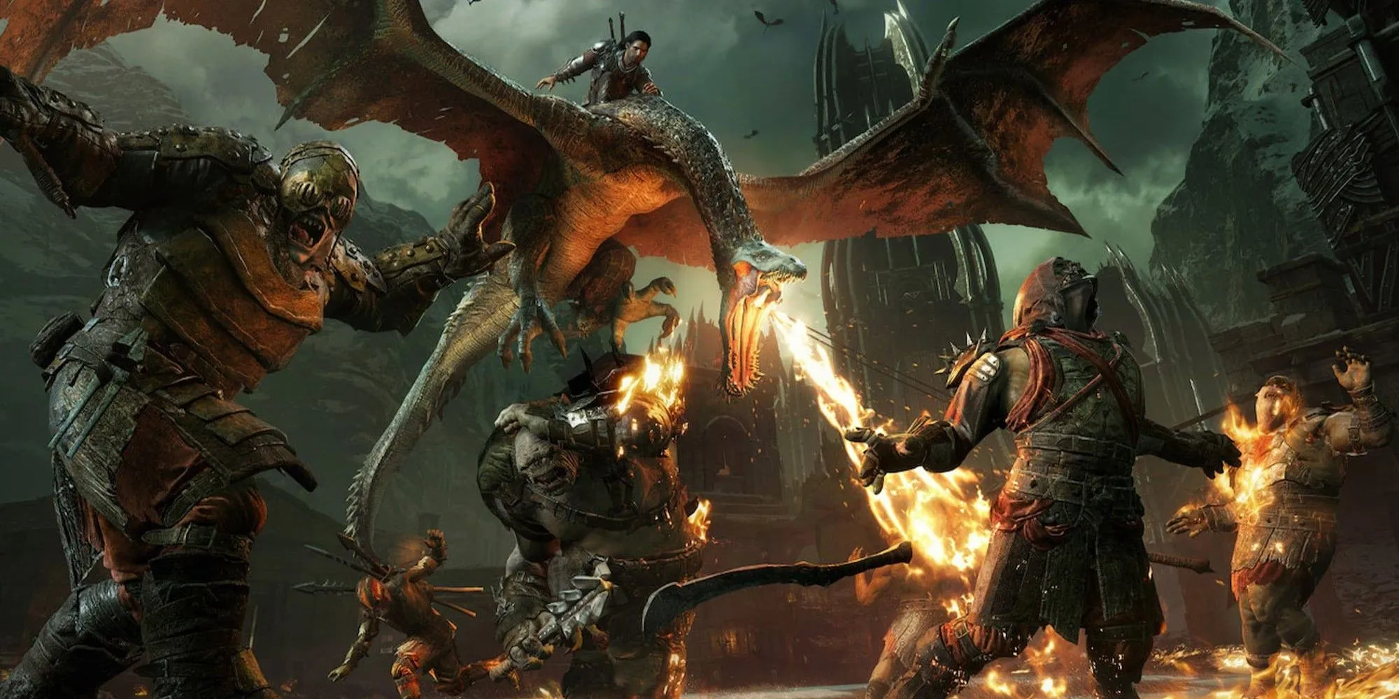 Cưỡi rồng tấn công kẻ thù trong Shadow of War, minh họa cho các chuỗi tấn công trên không và trên đất liền