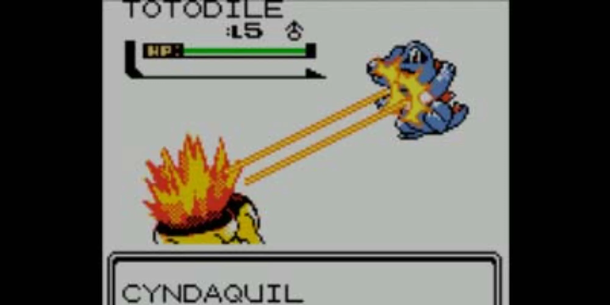 Cyndaquil sử dụng Leer trên Totodile trong Pokémon Crystal, cảnh chiến đấu sinh động