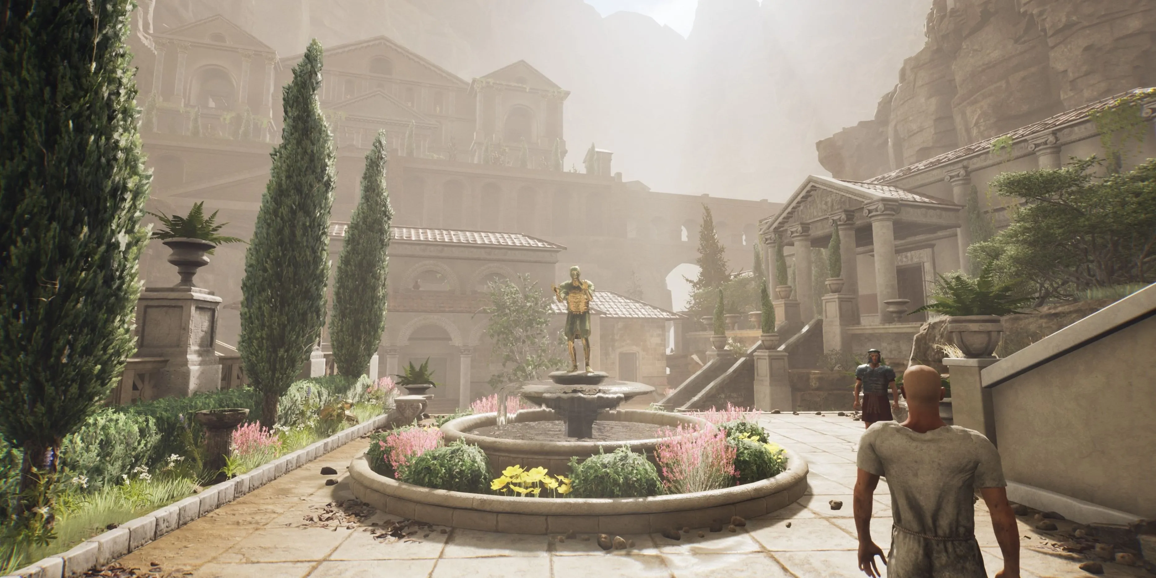 Đài phun và tượng vàng trong The Forgotten City, bối cảnh La Mã cổ đại được phục dựng trong game