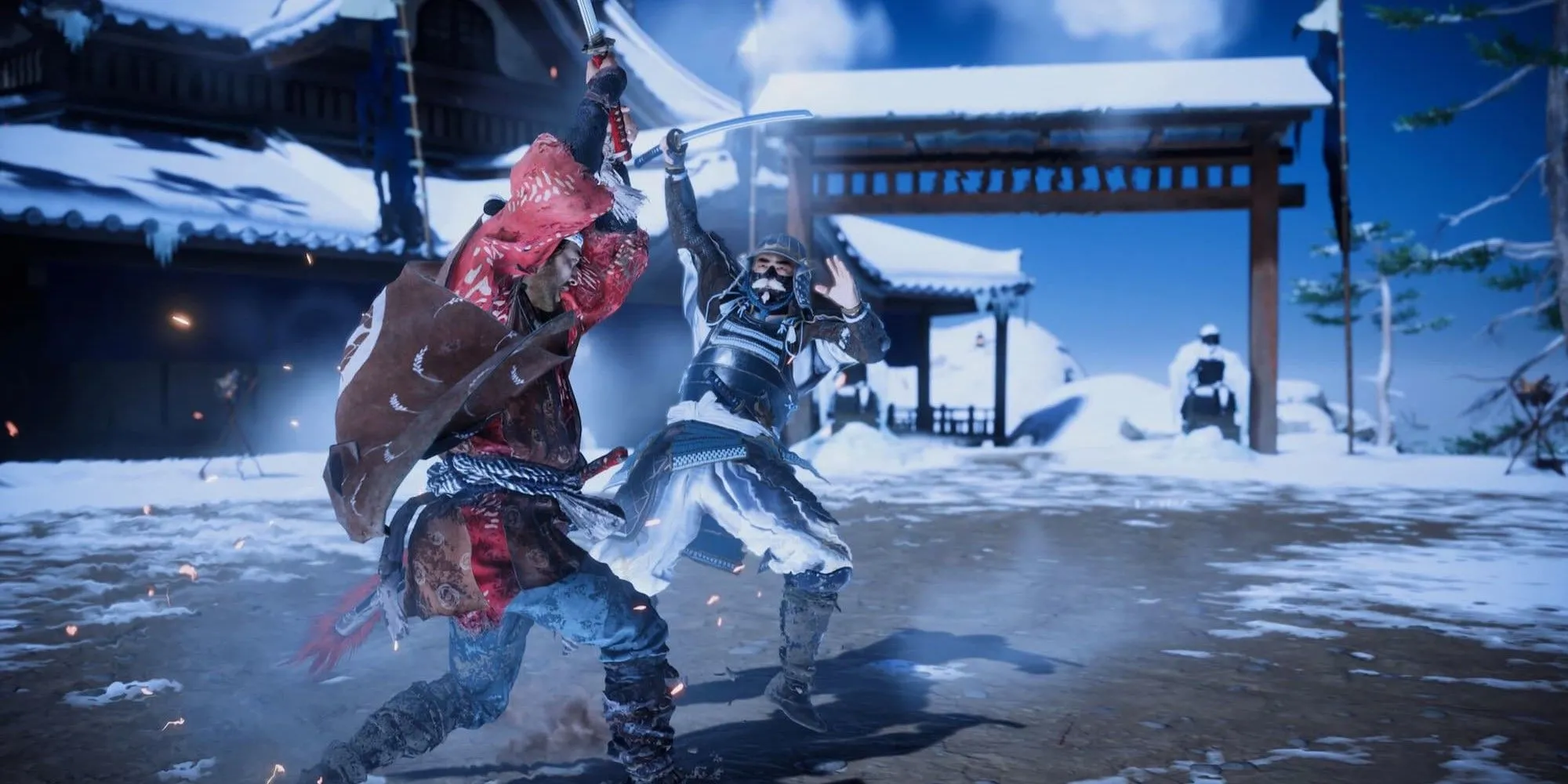 Đánh nhau trong tuyết ở Ghost of Tsushima Director's Cut, nhấn mạnh parry và combo kiếm thuật