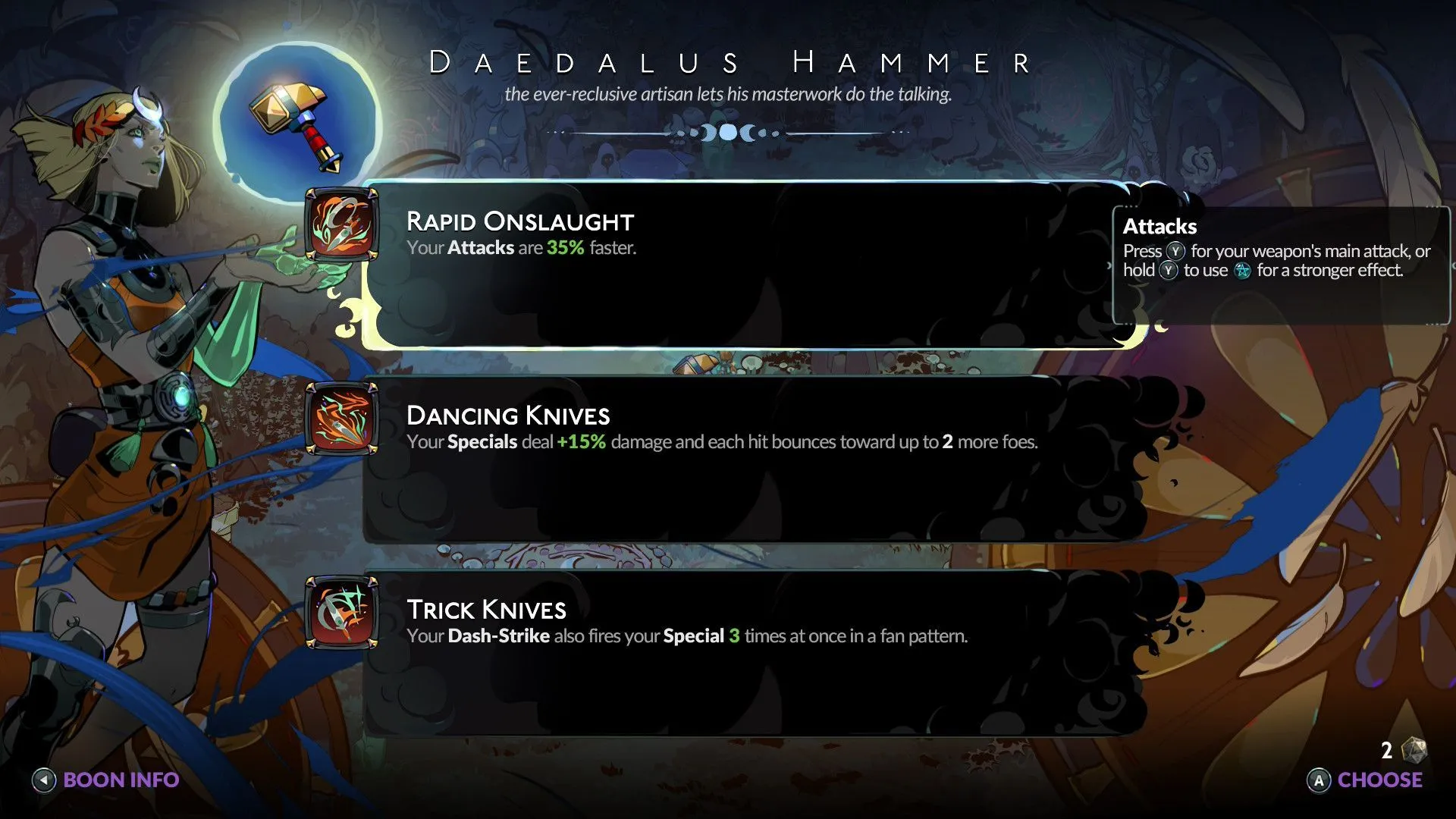 Danh sách boon và spells trong Hades 2, minh họa nhiều lựa chọn tùy biến nhân vật