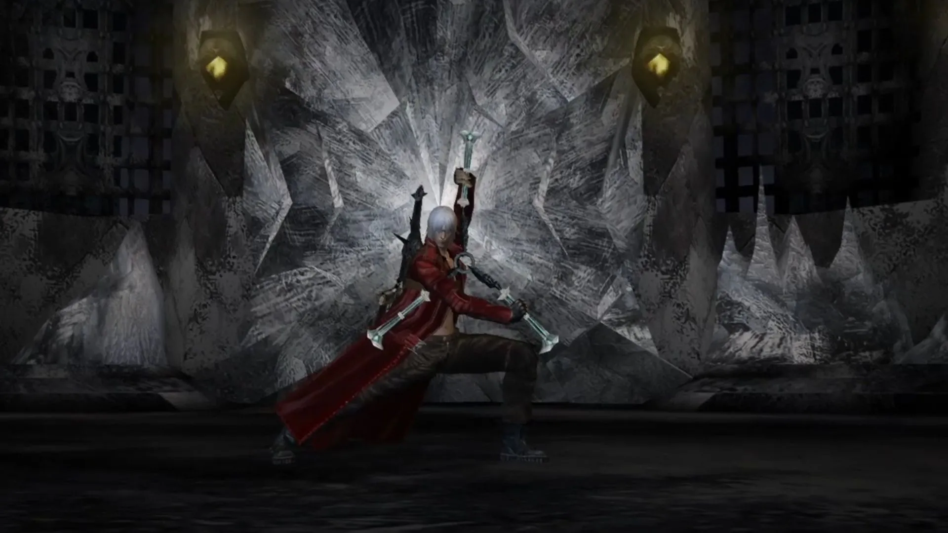 Dante trong Devil May Cry 3, tư thế chiến đấu điển hình với vũ khí đặc trưng