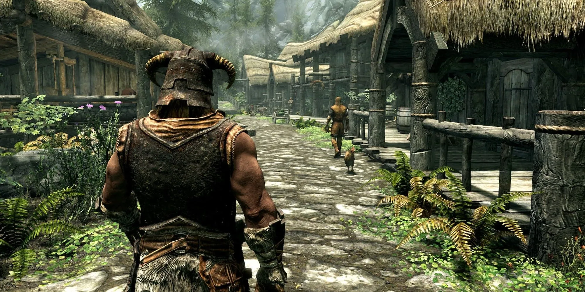 Dạo bộ trên đường lát đá ở Skyrim, minh họa khả năng chuyển đổi góc nhìn để vừa chiến đấu vừa chiêm ngưỡng cảnh quan vùng bắc