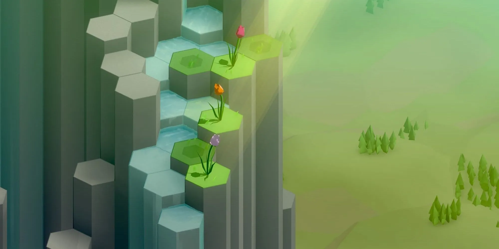 Dãy hoa trên vách núi trong Spring Falls, minh họa cơ chế dẫn nước và tái sinh cảnh quan