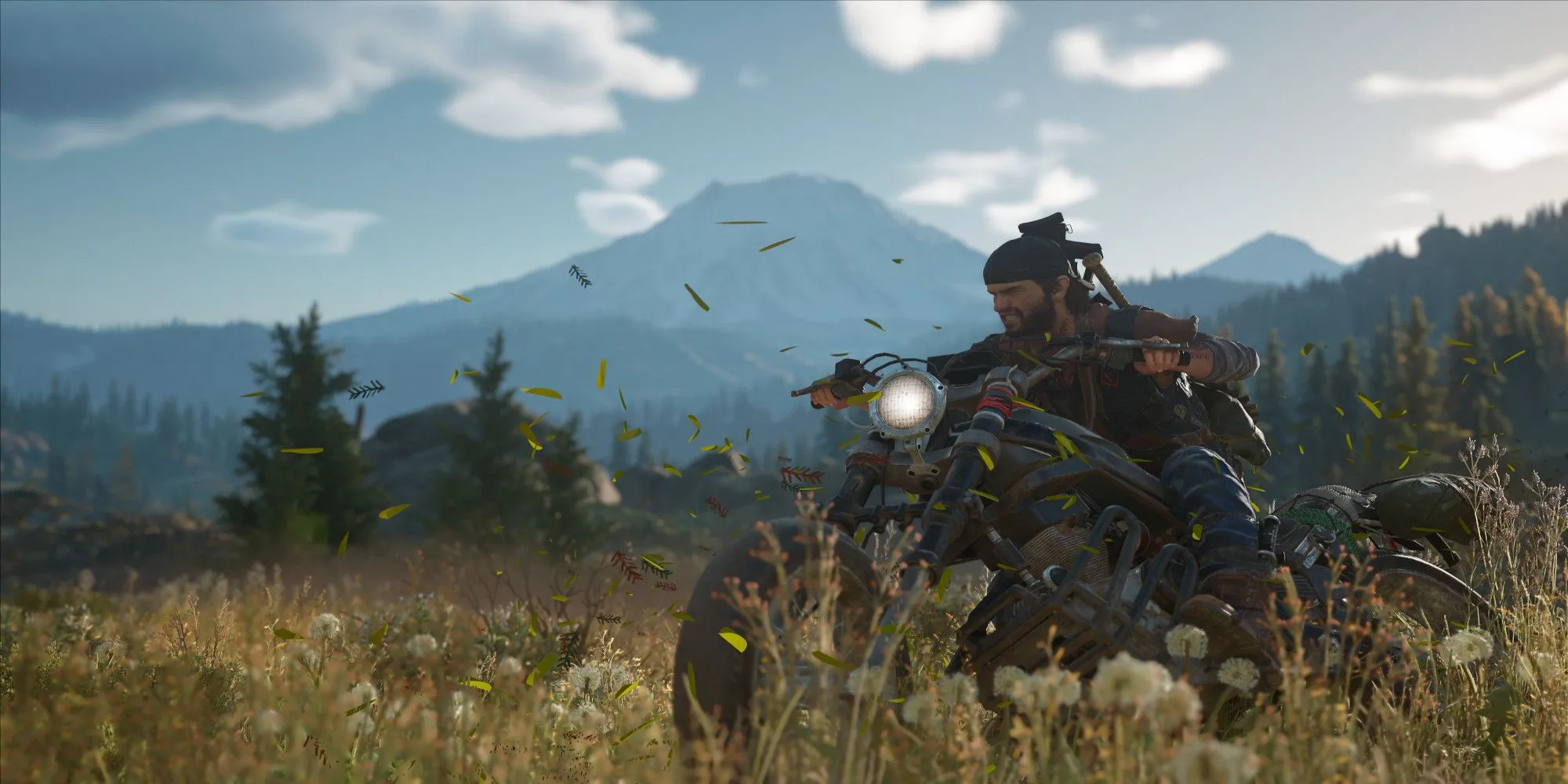 Days Gone: cảnh lái xe qua cánh đồng, tượng trưng cho không gian mở và lữ hành hậu tận thế