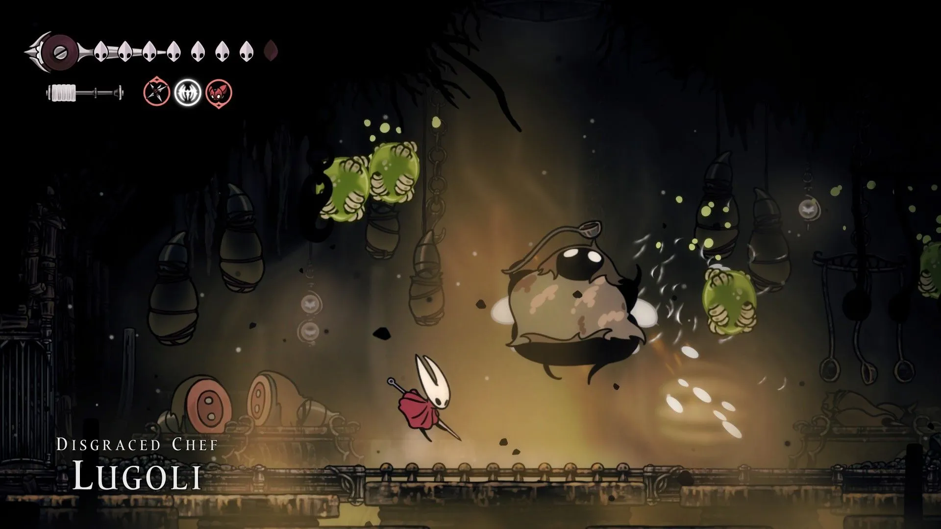 Disgraced Chef Lugoli thực hiện cú phóng độc và summon maggots tại Sinner's Road trong Silksong