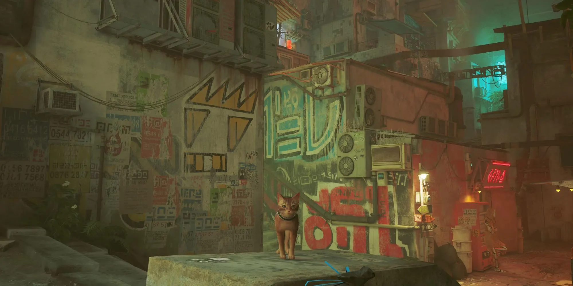 Đường phố tầng lớp thấp trong Stray, robot và ánh sáng neon phản chiếu cấu trúc xã hội